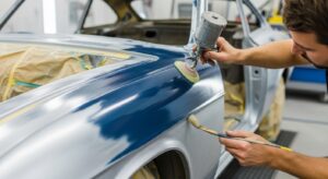 Detailed view of a classic car’s bodywork being restored