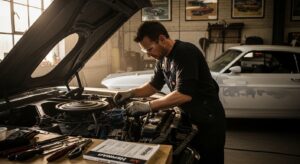 Mechanic working on the engine of a classic car during restoration.