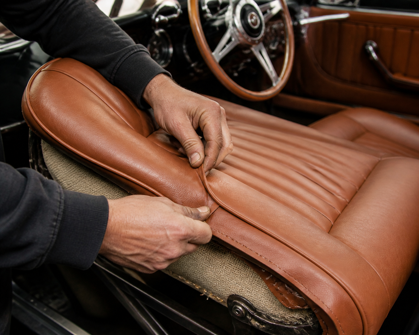 Detail of leather seats being reupholstered in a classic car interior
