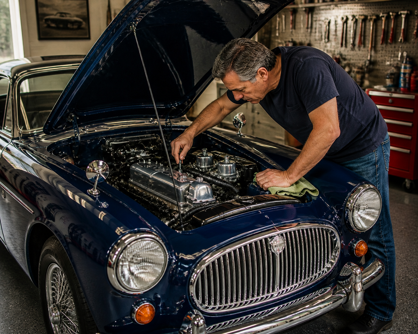 Owner cleaning the interior of a classic car, focusing on the dashboard and leather upholstery