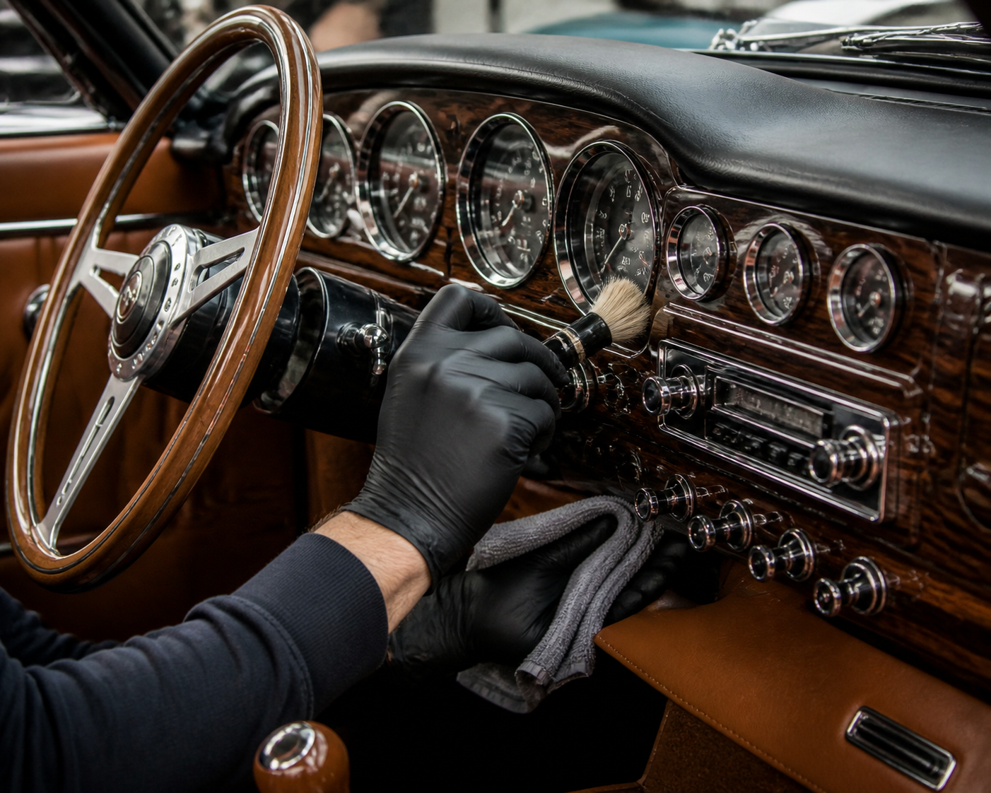 Precision cleaning and detailing of a classic car's dashboard