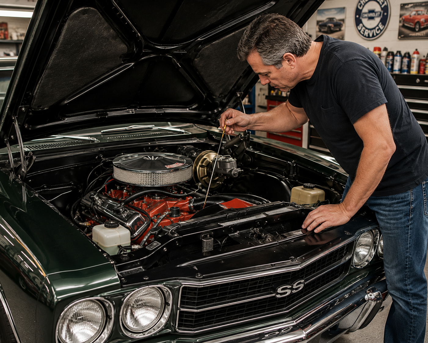 Owner inspecting engine fluids during classic car maintenance