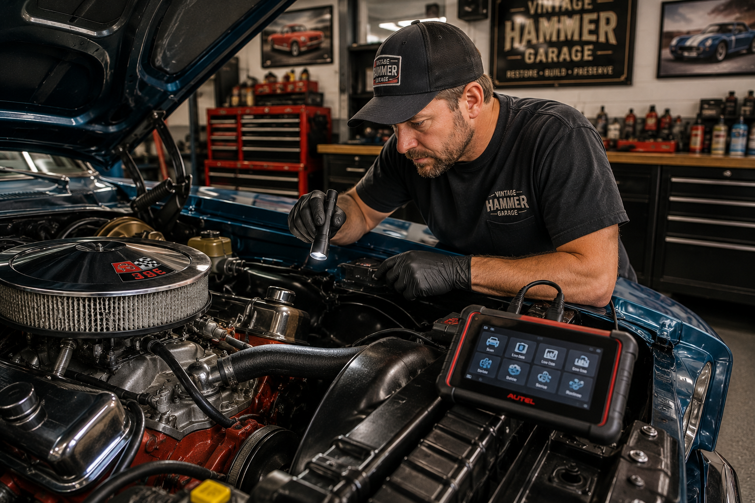 Inspecting the engine of a classic car before buying