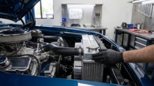 Mechanic inspecting a classic car radiator and cooling hoses