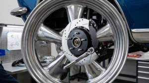 Modern disc brake upgrade being installed on a classic car
