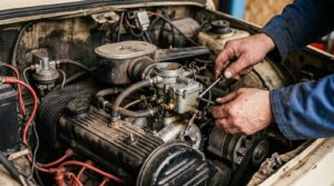 Mechanic inspecting a classic car carburetor and mechanical fuel pump